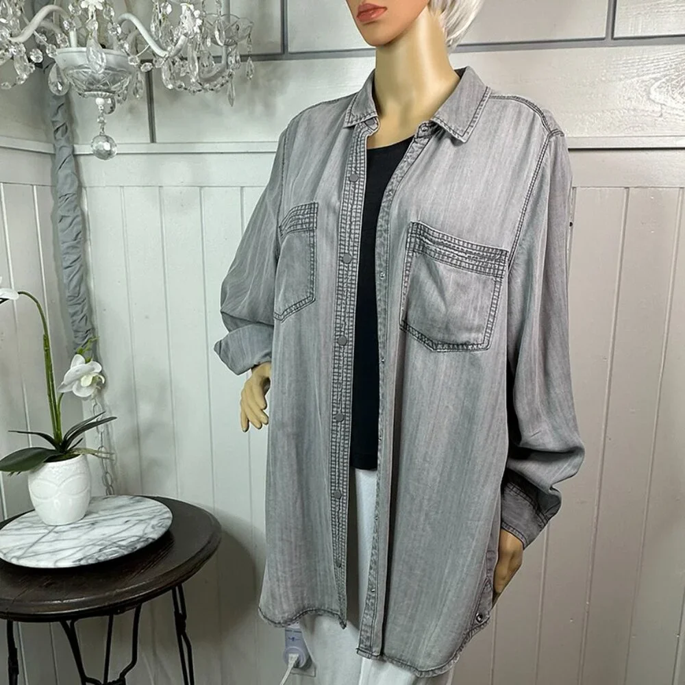 Snaps Collared Gray Comfy Blouse  Decorative stitching Intro size 1X - Picture 2 of 11